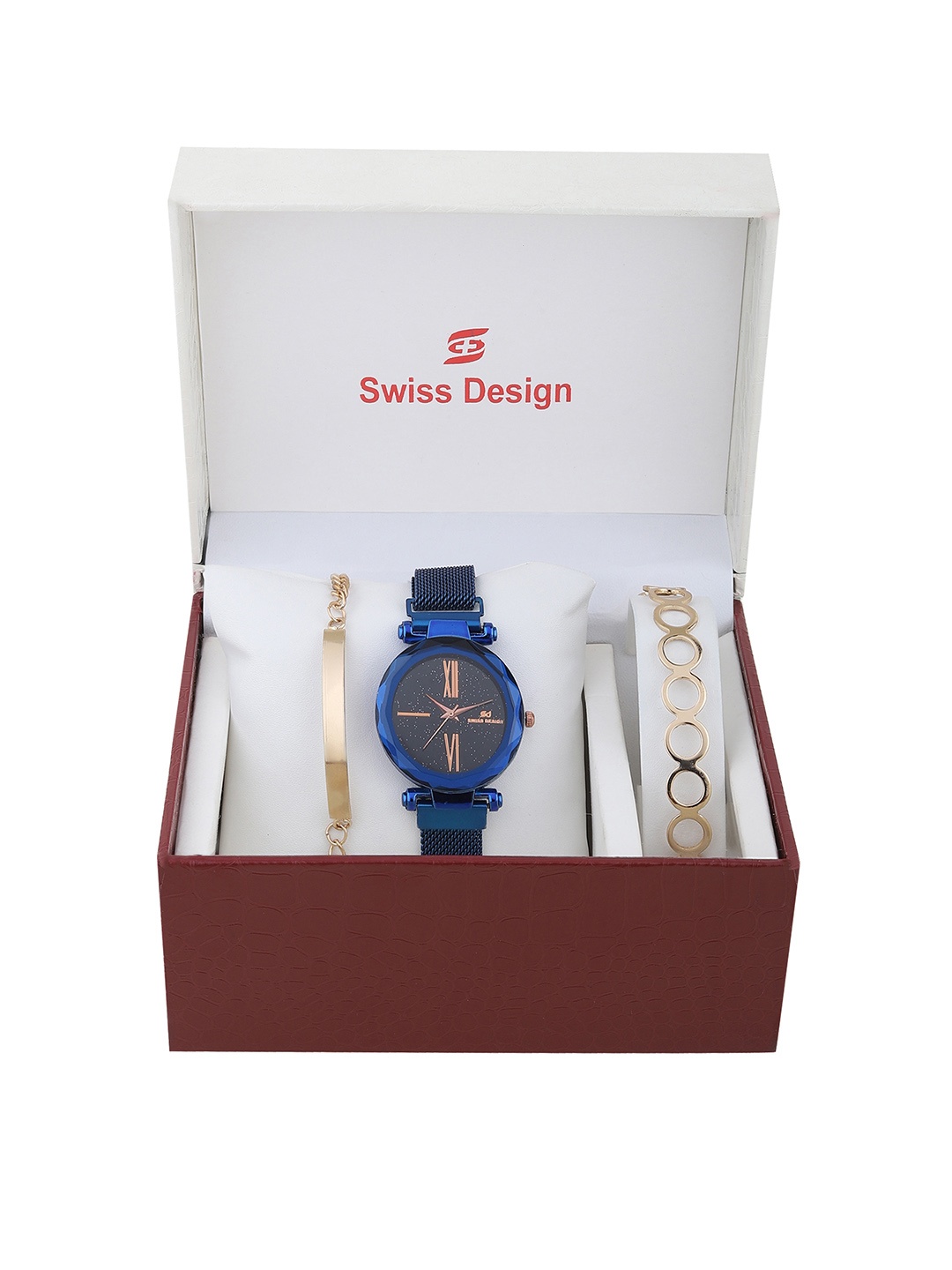 

Swiss Design Women Blue Solid Watch & Bracelet Gift Set
