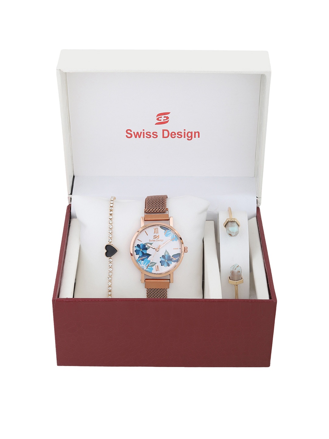 

Swiss Design Women Rose Gold-Toned & White Watch & Jewellery Gift Set- 84