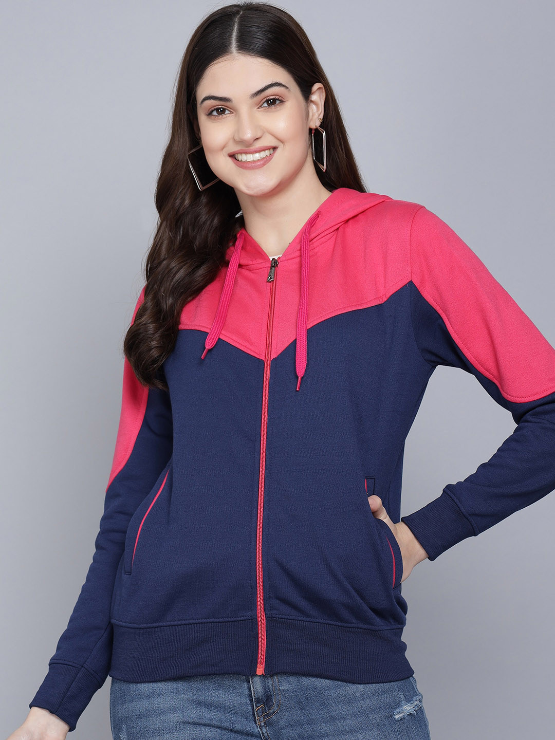 

FLAMBOYANT Women Navy Blue Colourblocked Fleece Lightweight Outdoor Bomber with Patchwork Jacket
