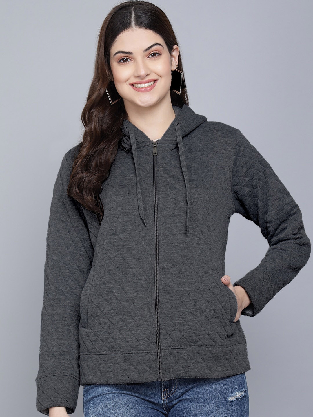 

FLAMBOYANT Women Grey Geometric Fleece Lightweight Outdoor Tailored Jacket
