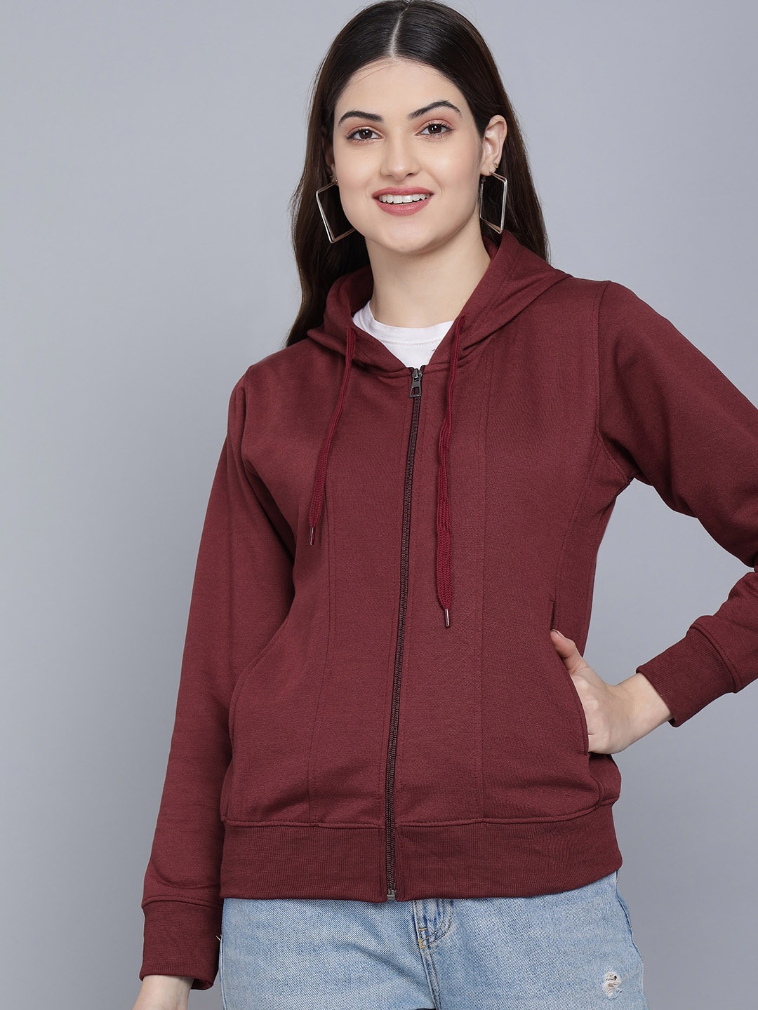 

FLAMBOYANT Women Maroon Checked Fleece Lightweight Outdoor Sporty Jacket