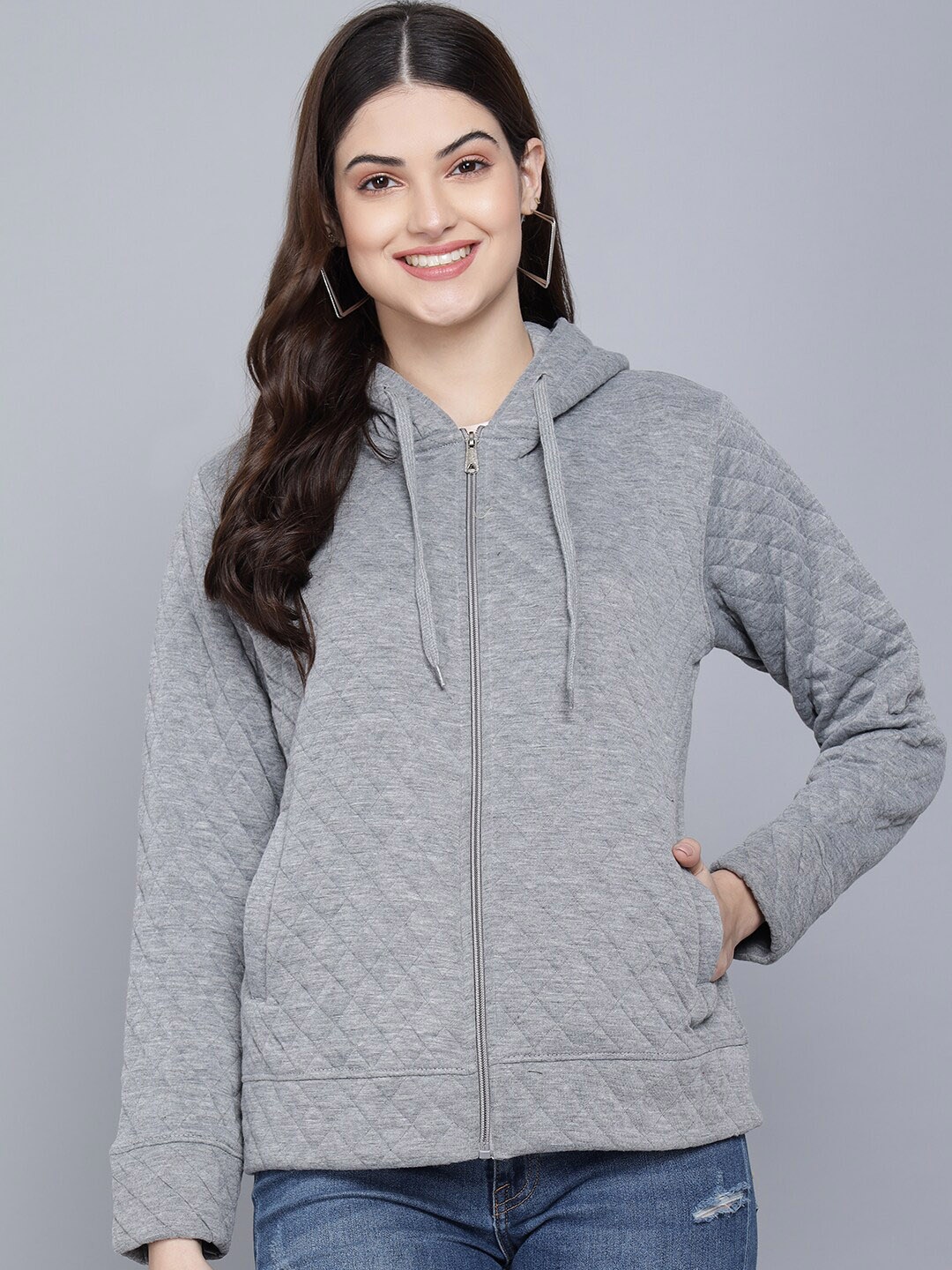 

FLAMBOYANT Women Grey Melange Fleece Lightweight Crop Outdoor Tailored Jacket