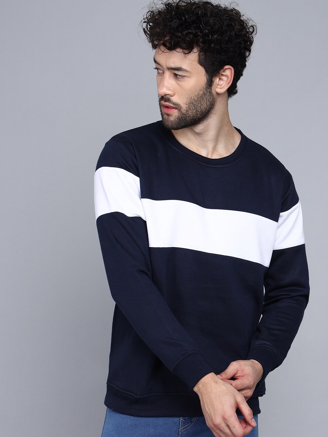 FLAMBOYANT Men Colourblocked Sweatshirt, Navy blue