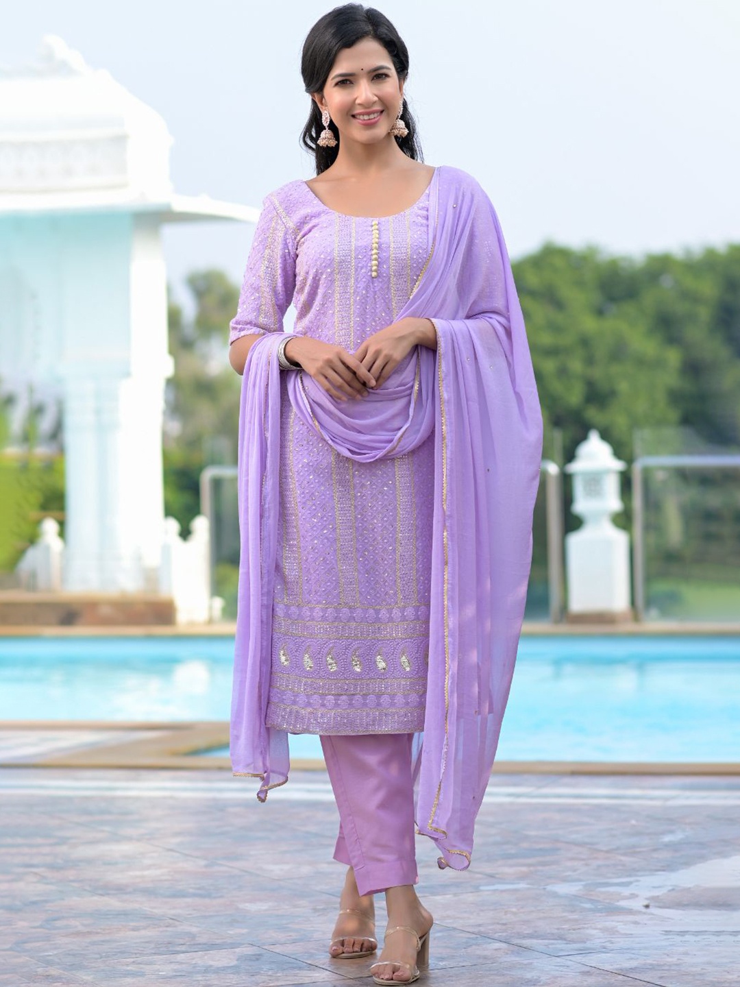 

Rangpur Women Purple Ethnic Motifs Chikankari Kurta with Trousers & With Dupatta