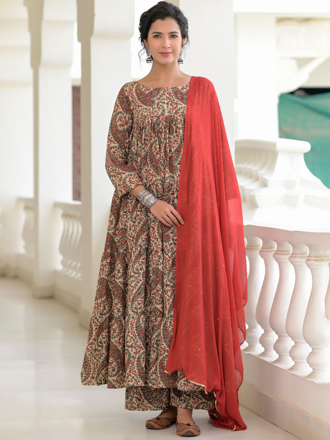 

Rangpur Women Red Ethnic Motifs Pure Cotton Kurta with Palazzos & With Dupatta