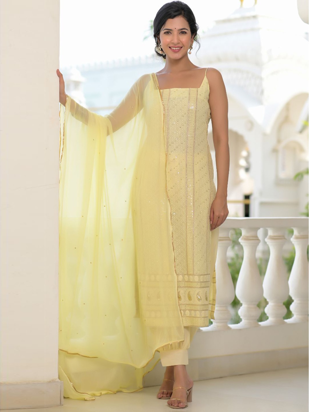 

Rangpur Women Yellow Chikankari Kurta with Palazzos & With Dupatta