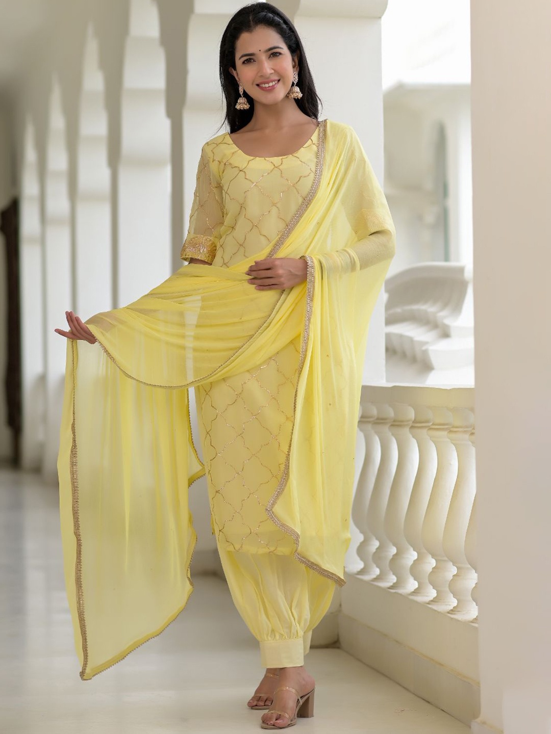 

Rangpur Women Yellow Layered Gotta Patti Kurta with Trousers & With Dupatta