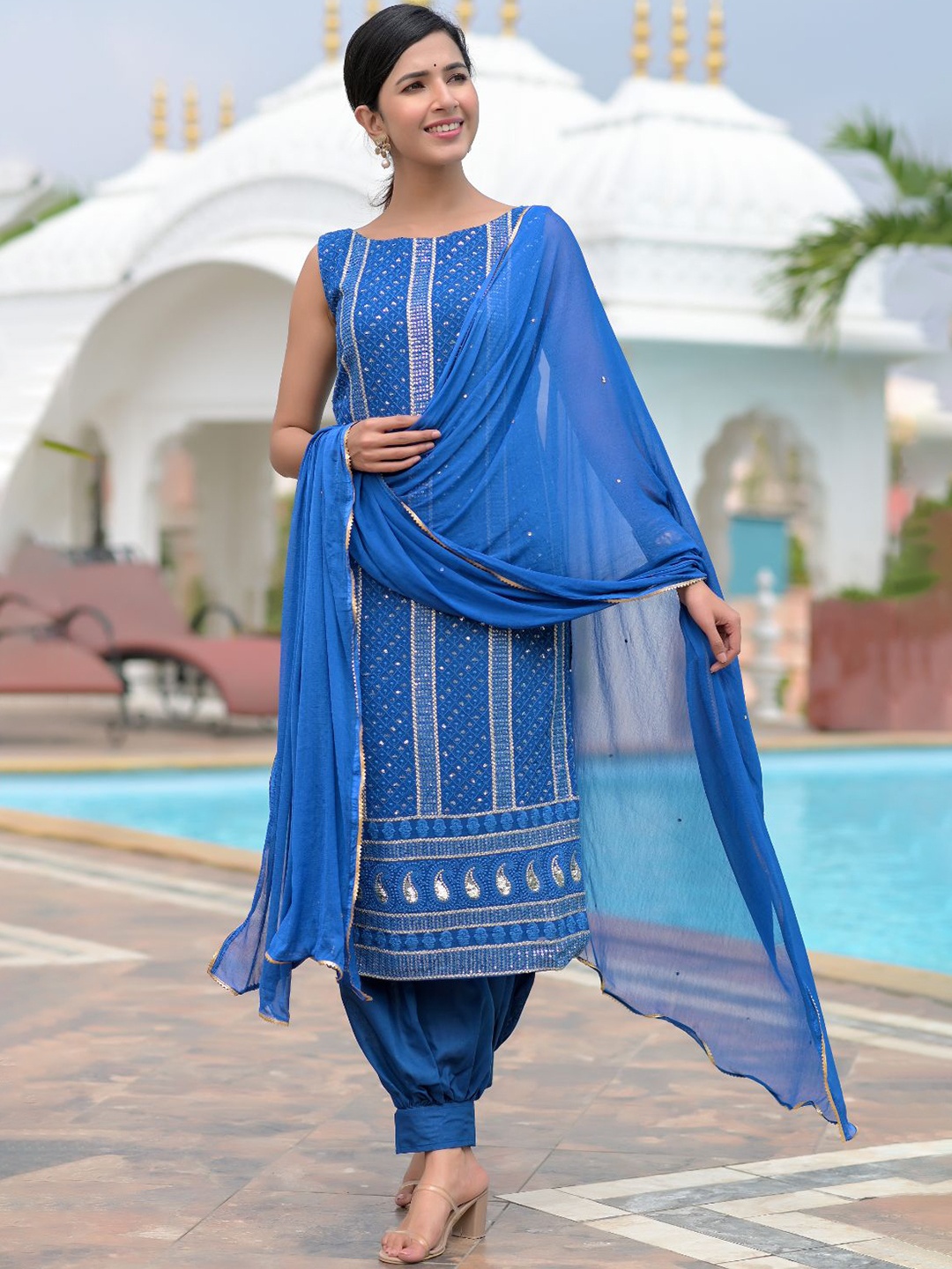 

Rangpur Women Blue Panelled Beads and Stones Kurta with Trousers & With Dupatta