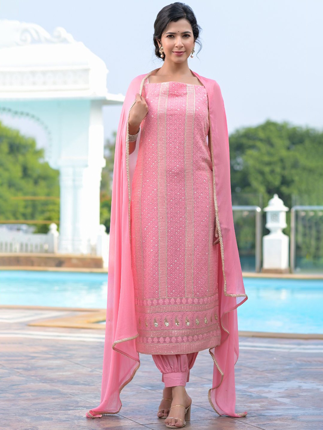 

Rangpur Women Pink Printed Chikankari Kurta with Salwar & With Dupatta