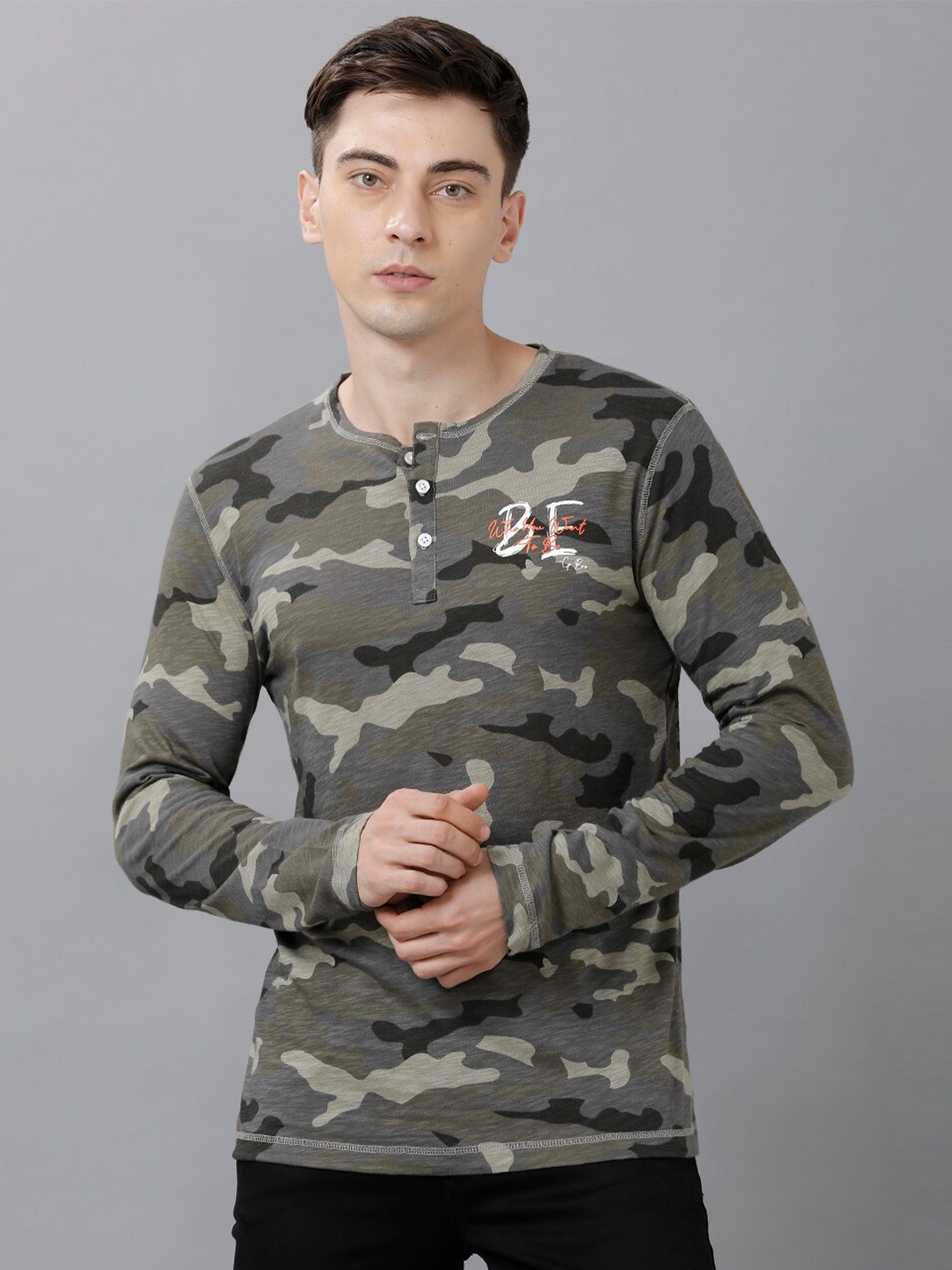 

CP BRO Men Multicoloured Camouflage Printed Henley Neck Slim Fit T-shirt, Multi