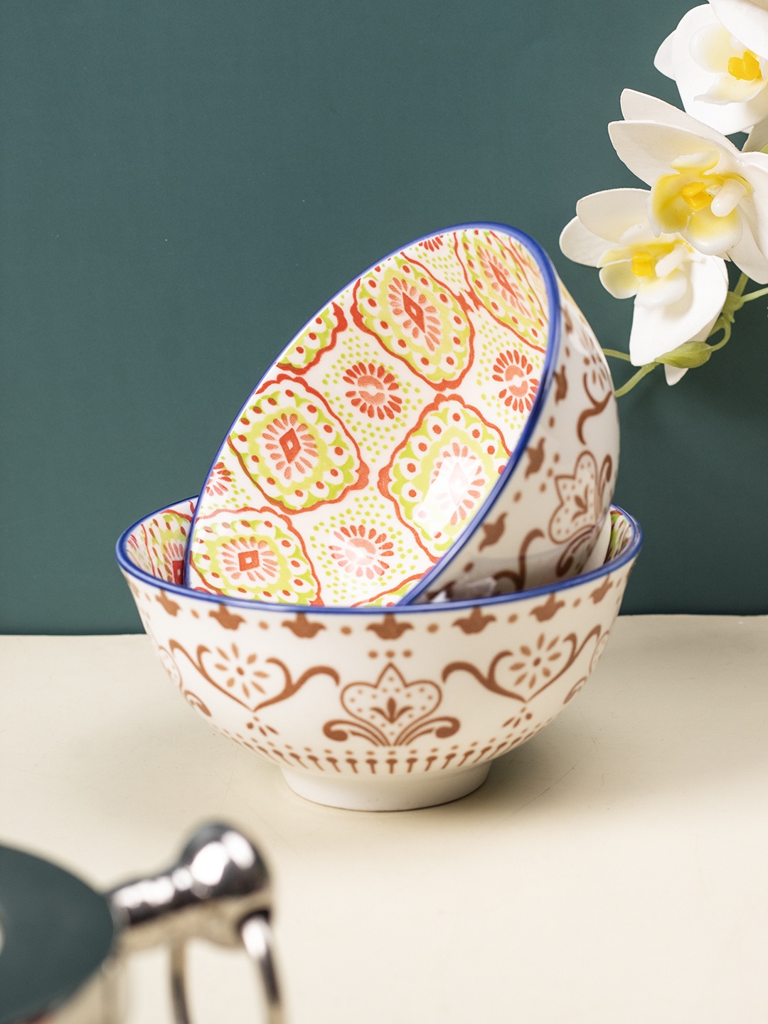 

MARKET99 Set Of 2 Orange-Colored Printed Ceramic Bowl Set