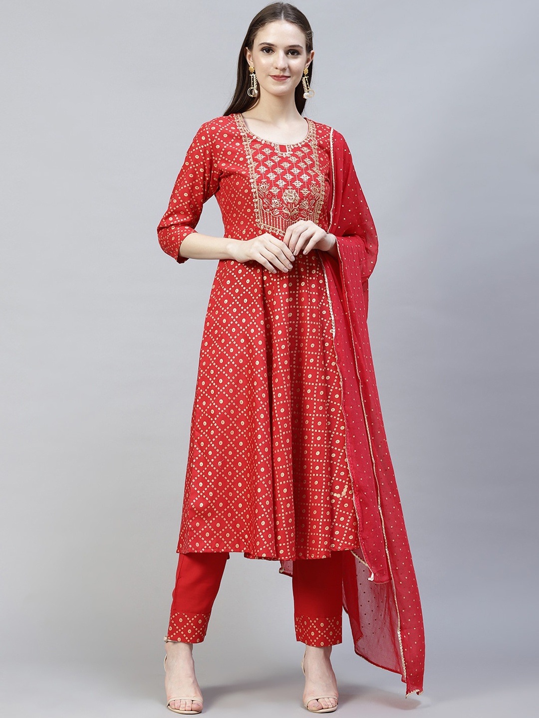 

KALINI Women Red Printed Kurta with Trousers & With Dupatta