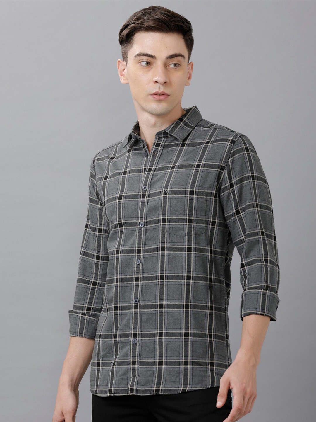 

CP BRO Men Grey Classic Slim Fit Tartan Checks Checked Casual Shirt