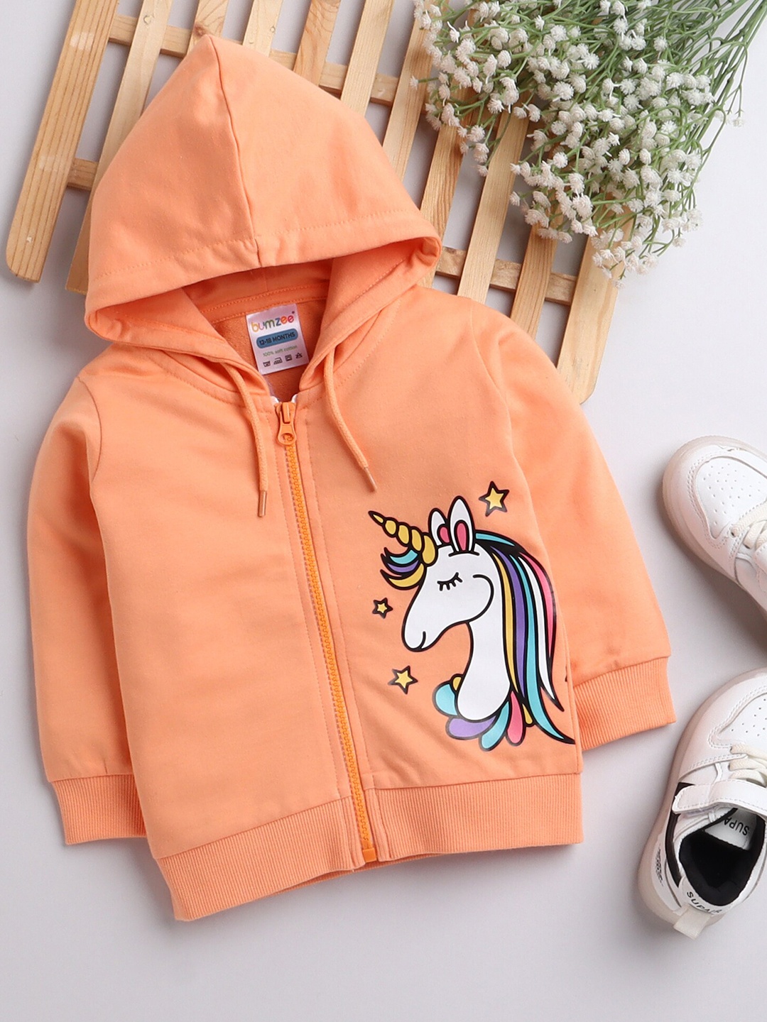 

BUMZEE Girls Orange Printed Hooded Sweatshirt