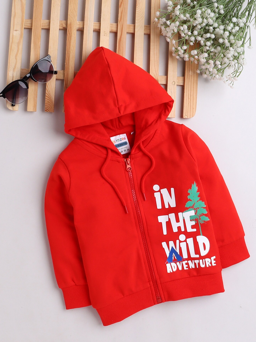 

BUMZEE Boys Typography Printed Hooded Sweatshirt, Red