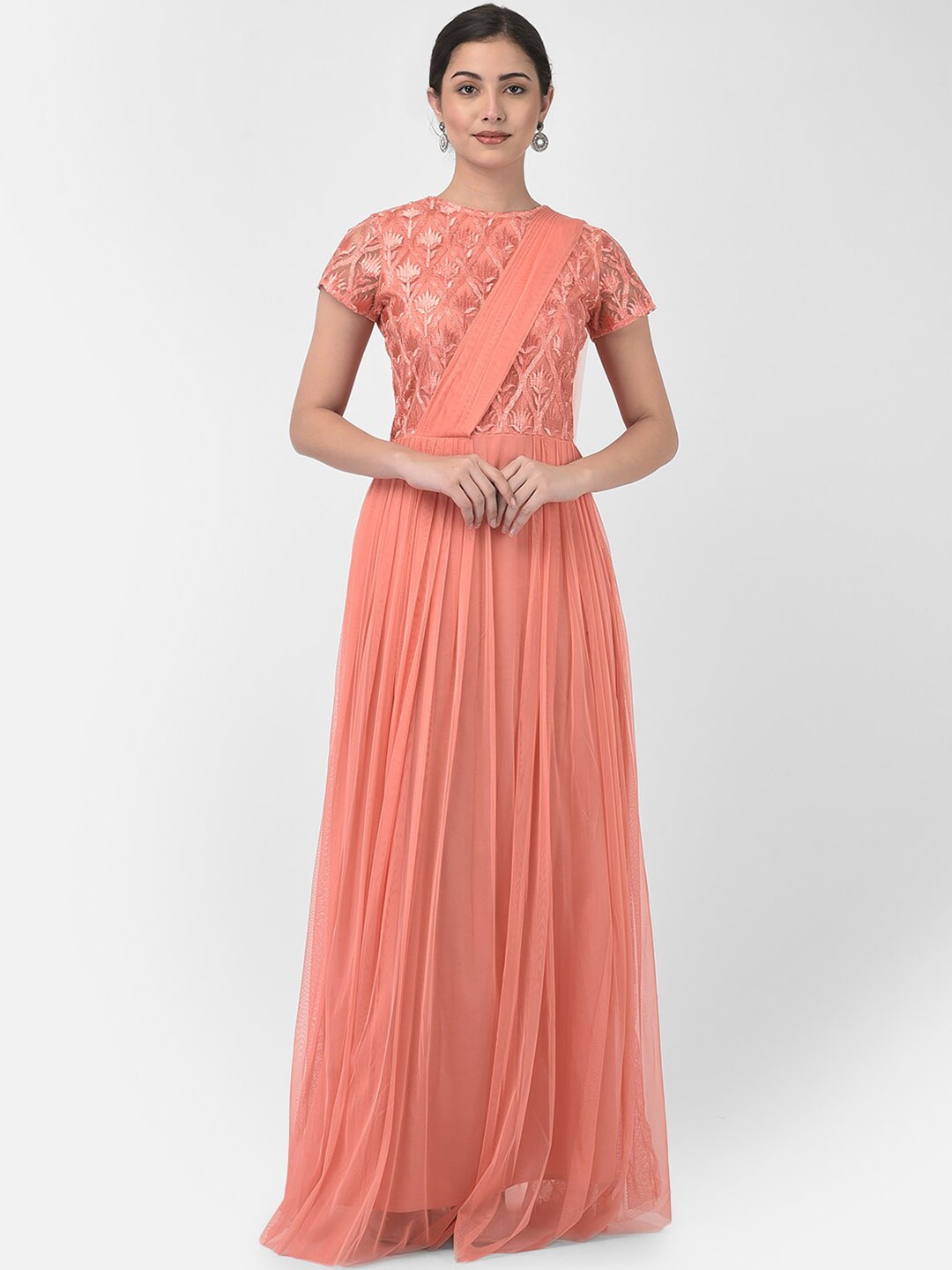 

Eavan Coral Floral Embroidered Net Maxi Dress