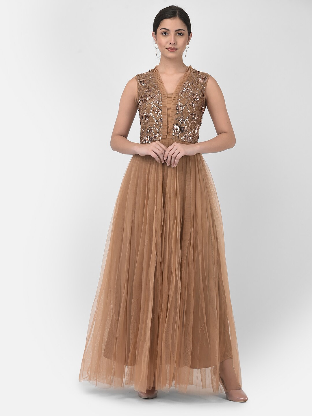 

Eavan Brown Embellished Net Maxi Dress