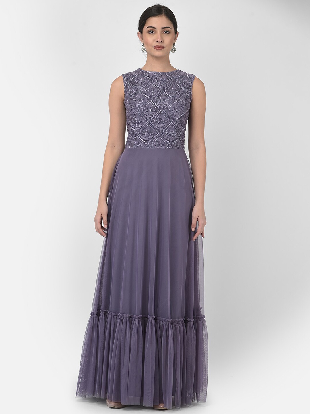 

Eavan Grey Ethnic Motifs Embroidered Net Maxi Dress