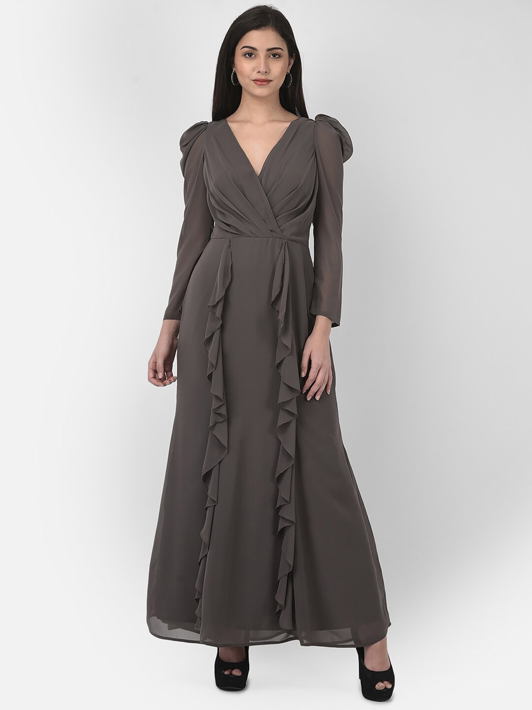 

Eavan Grey Georgette Ruffles Maxi Dress