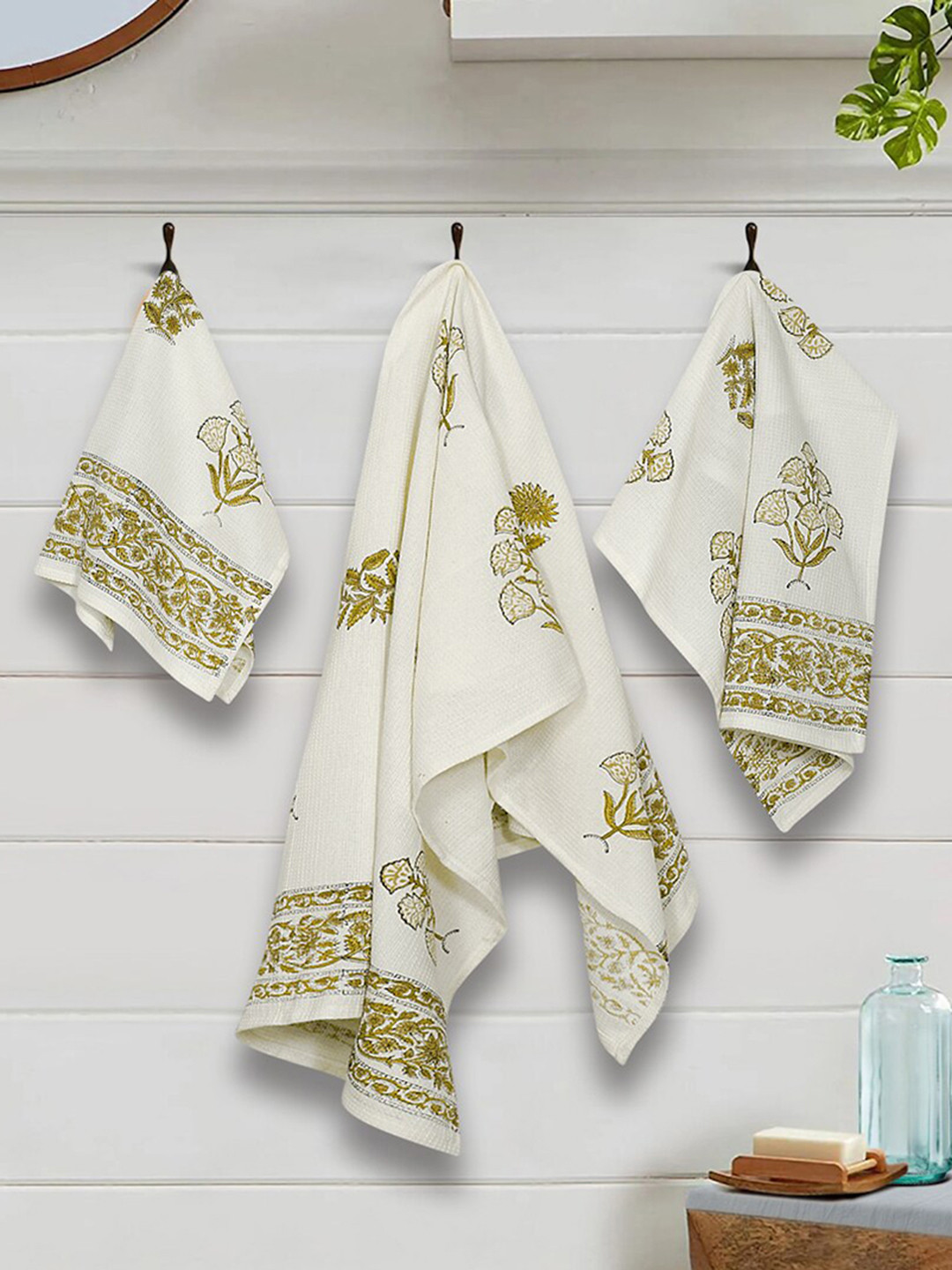 

Rajasthan Decor Cream Colored & Green Set of 3 Cotton Printed Bath and Hand Towel Set