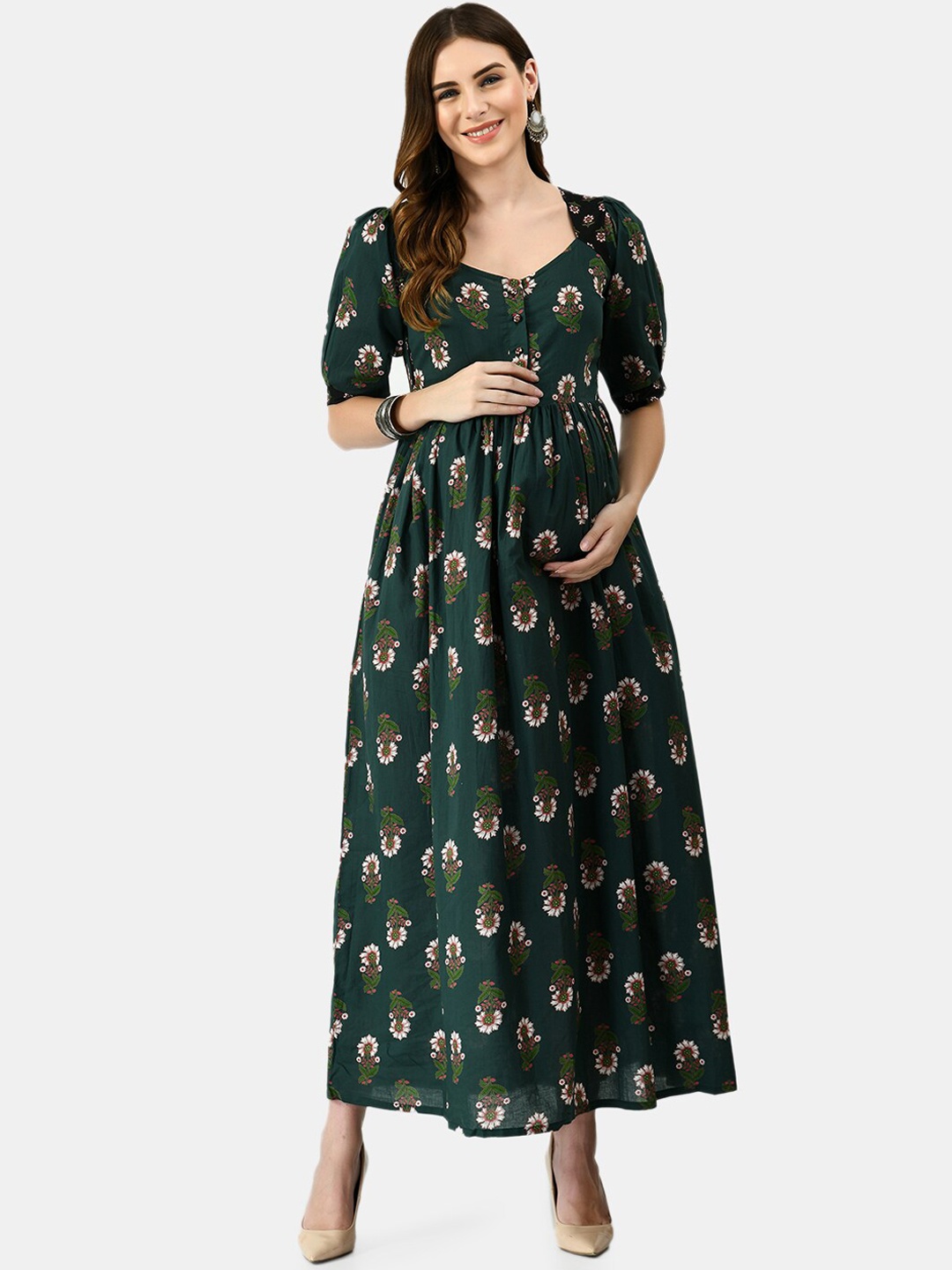 

MAFE Women Green Printed Thread Work Floral Maternity Anarkali Kurta