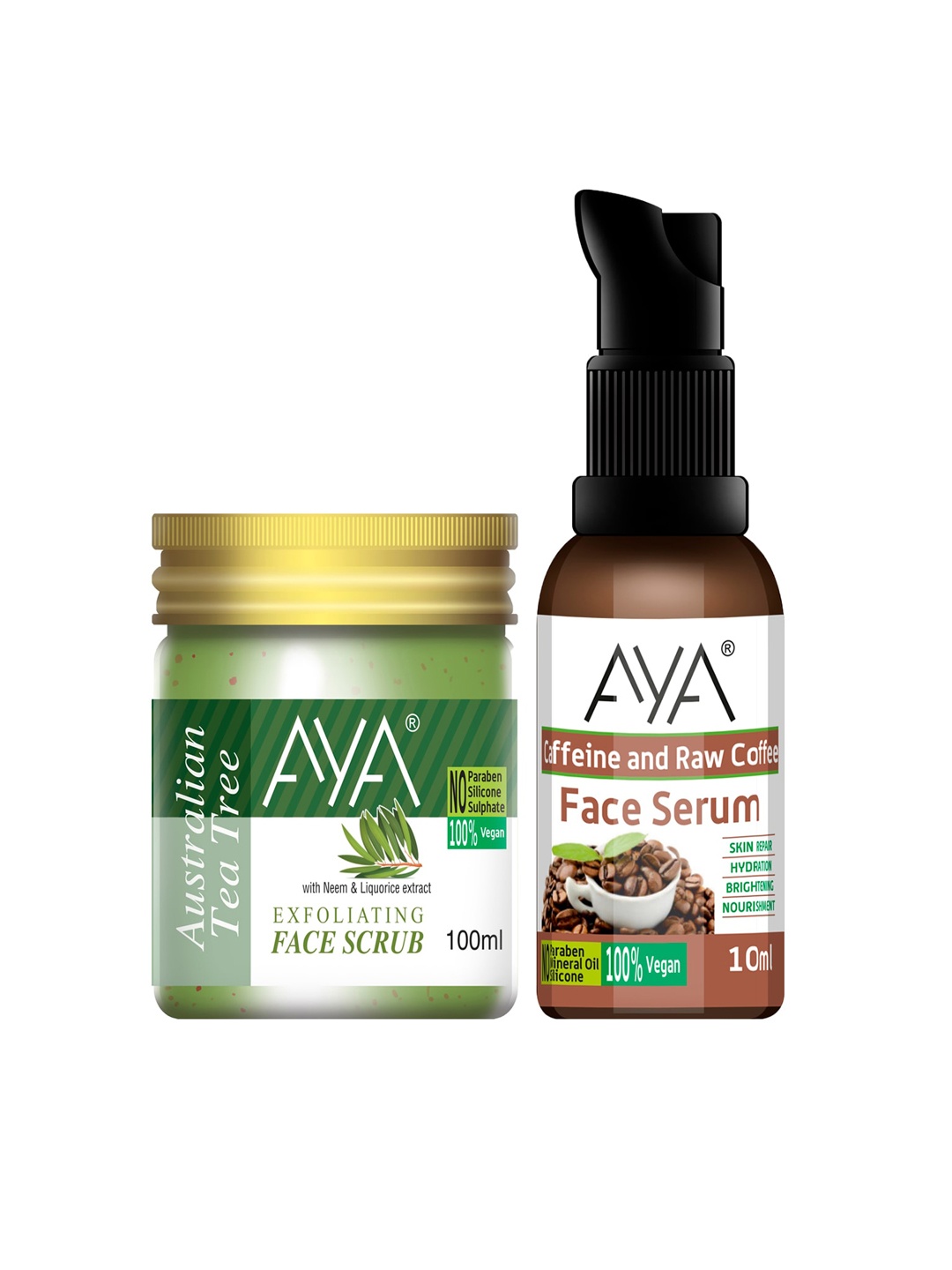 

AYA Set of Caffeine Face Serum 10ml & Tea Tree Face Scrub 100ml, Green