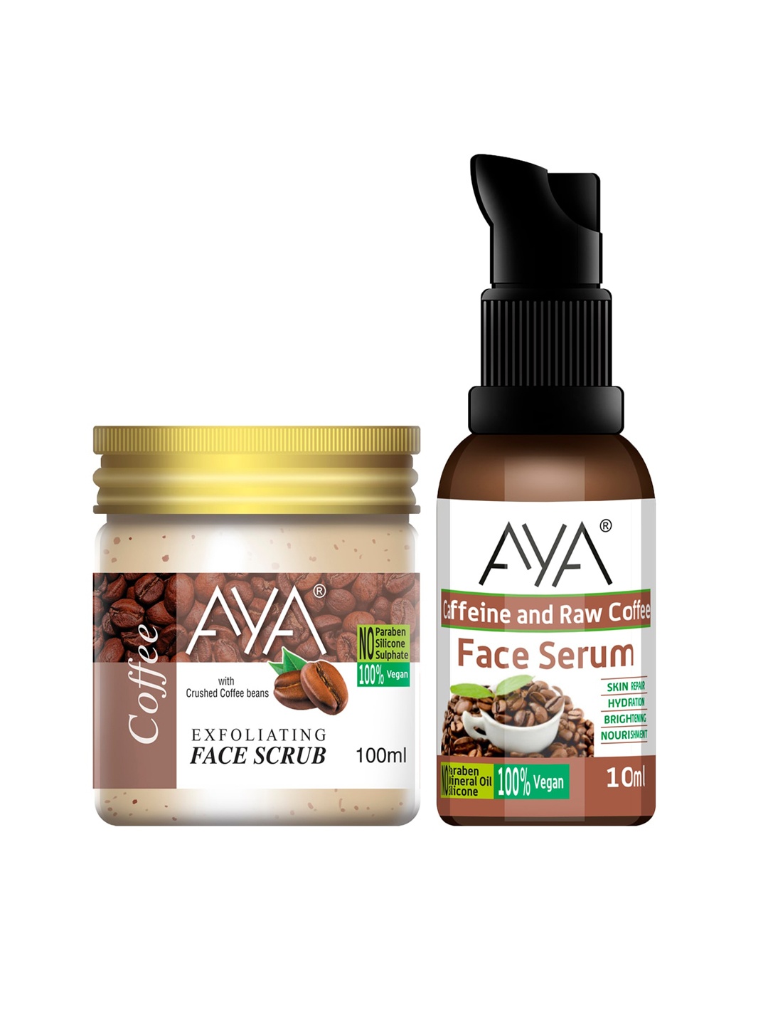 

AYA Set of Coffee Exfoliating Face Scrub - 100 ml & Caffeine Face Serum - 10 ml, Brown