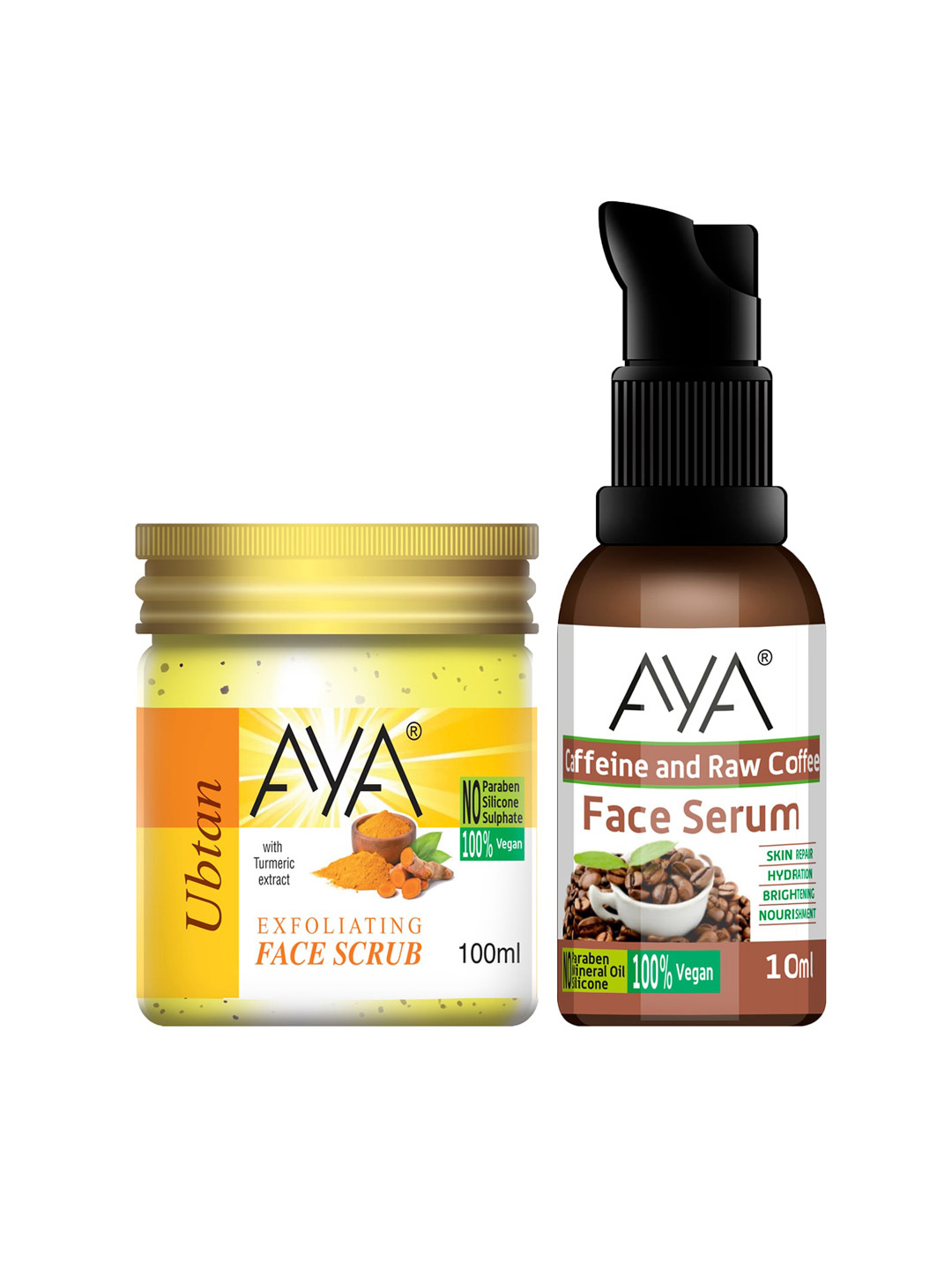 

AYA Set of Caffeine Face Serum 10ml & Ubtan Face Scrub 100ml, Yellow