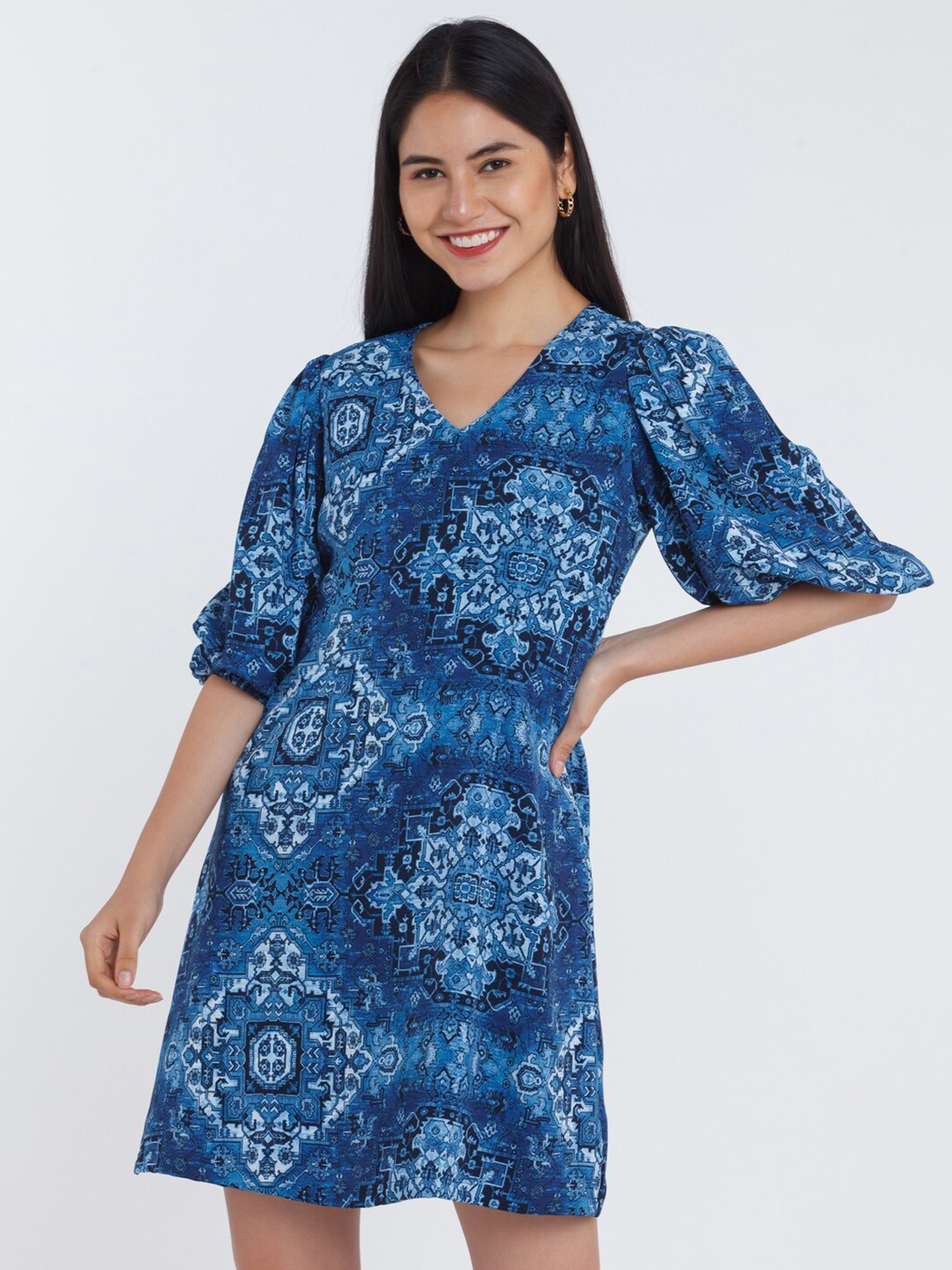 

Zink London Blue Printed A-Line Short Dress