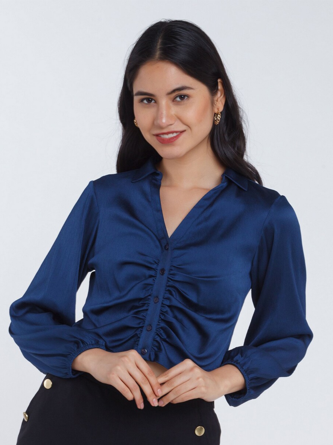 

Zink London Women Blue Shirt Style Crop Top