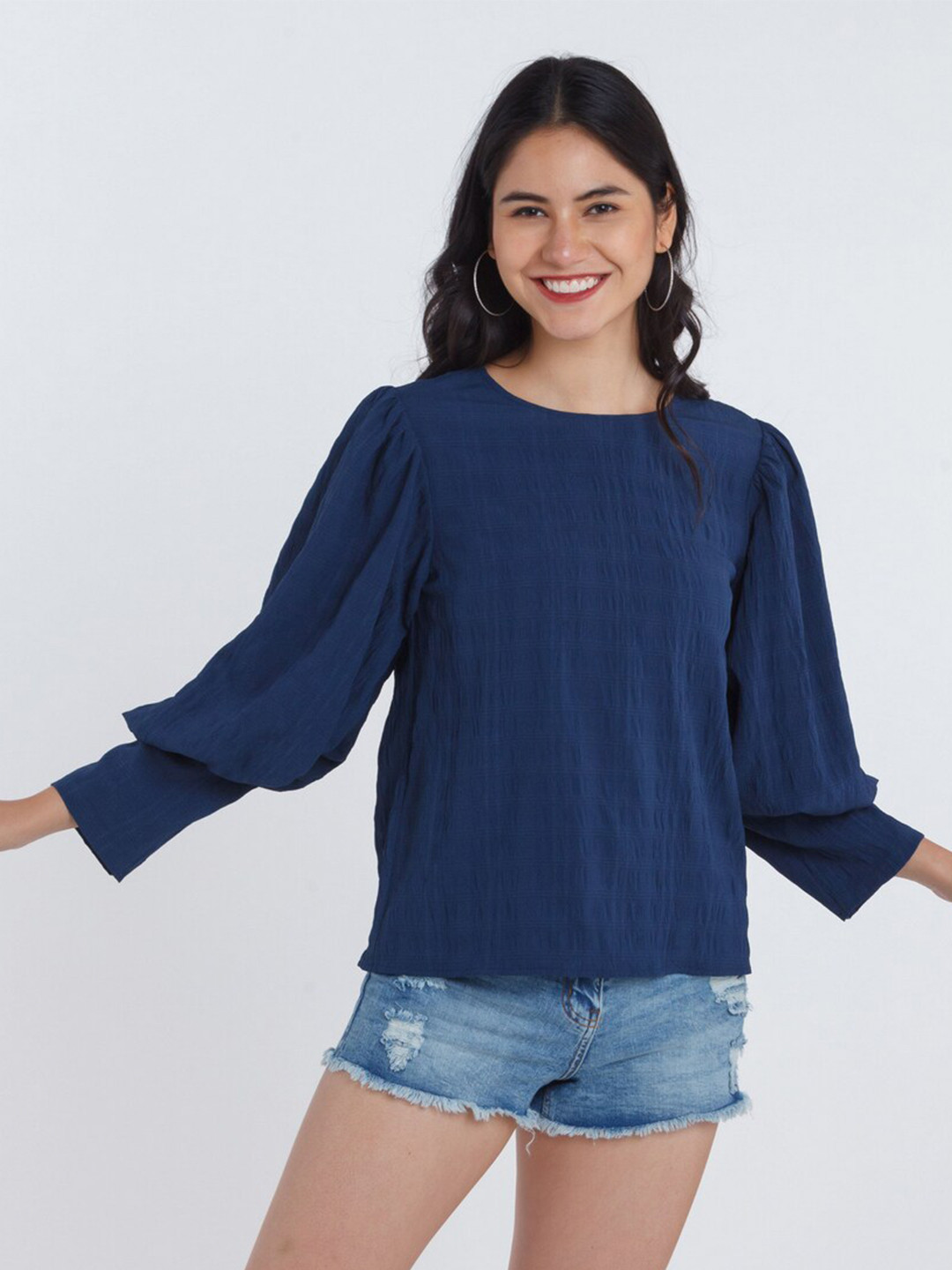 

Zink London Women Blue Solid Self Design Straight Top