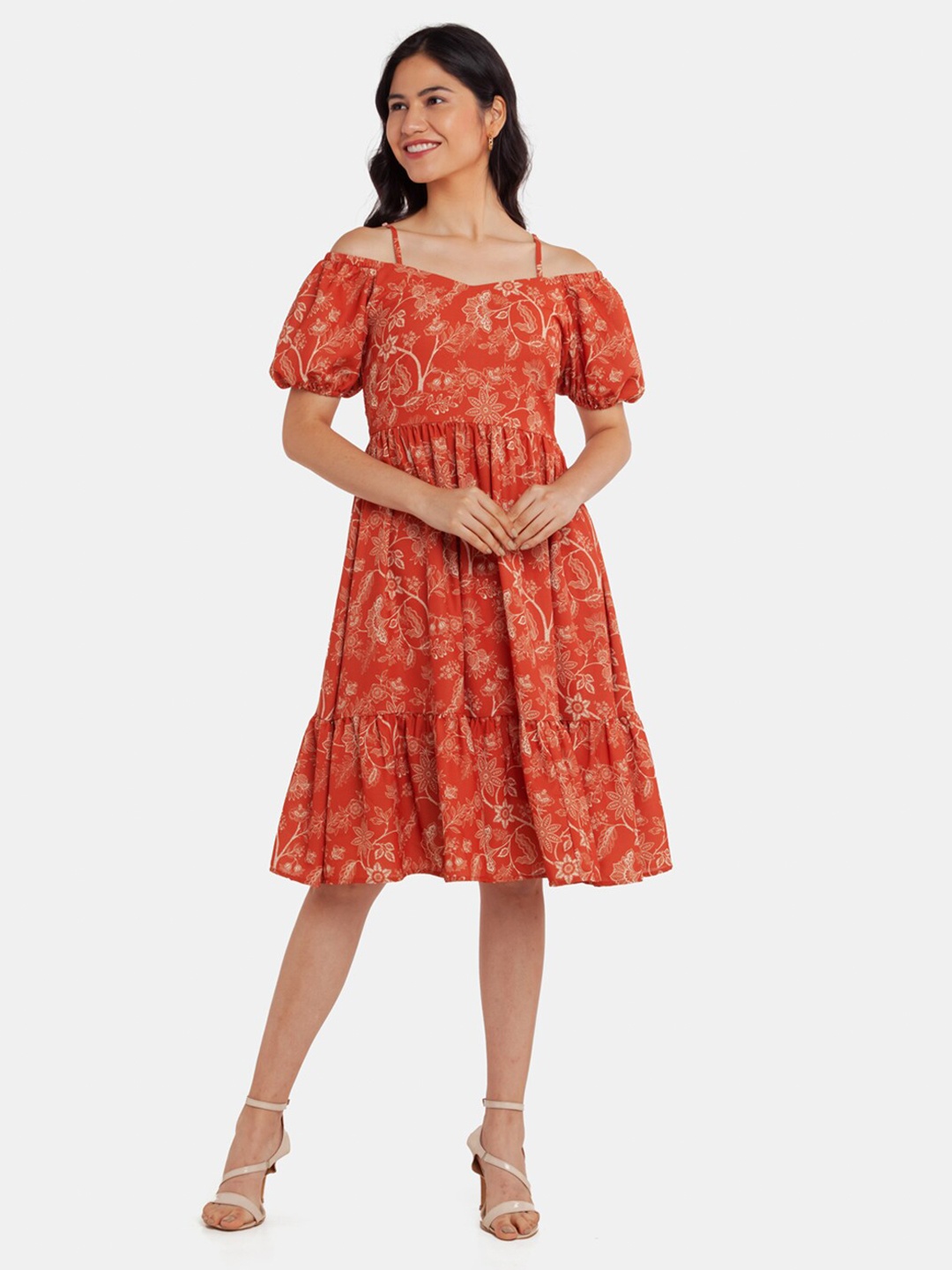 

Zink London Rust Floral Printed A-Line Midi Dress