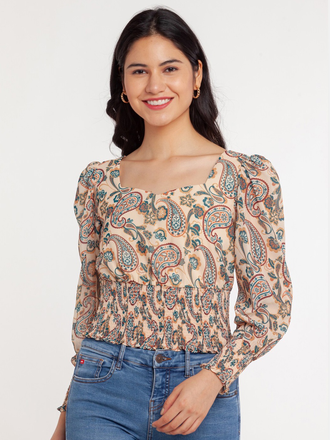 

Zink London Women Beige Floral Print Top