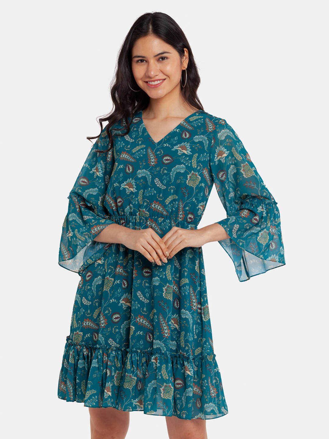 

Zink London Green Floral A-Line Dress