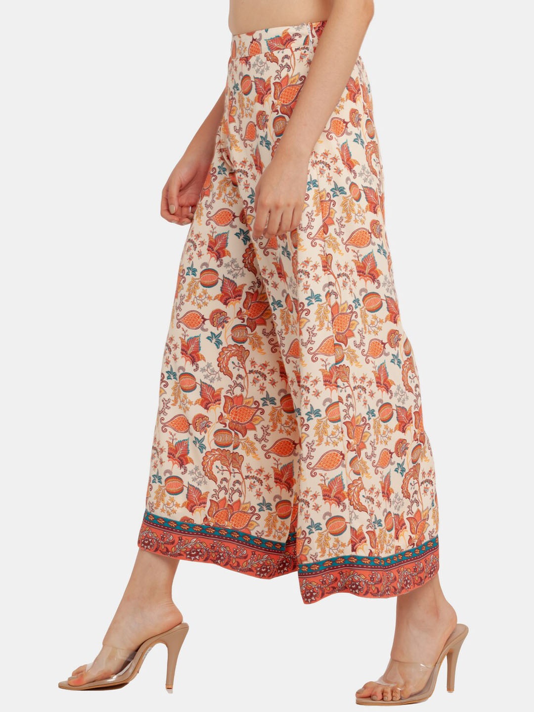 

Zink London Women Beige Floral Printed Flared High-Rise Culottes Trousers