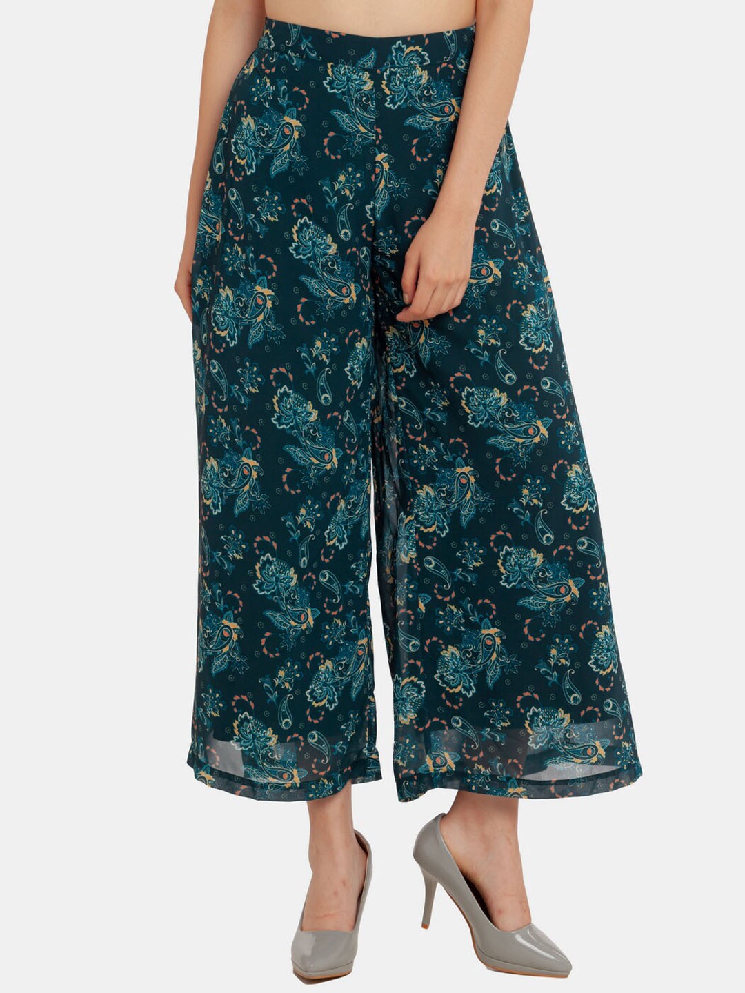 

Zink London Women Green Floral Printed Flared High-Rise Pleated Culottes Trousers