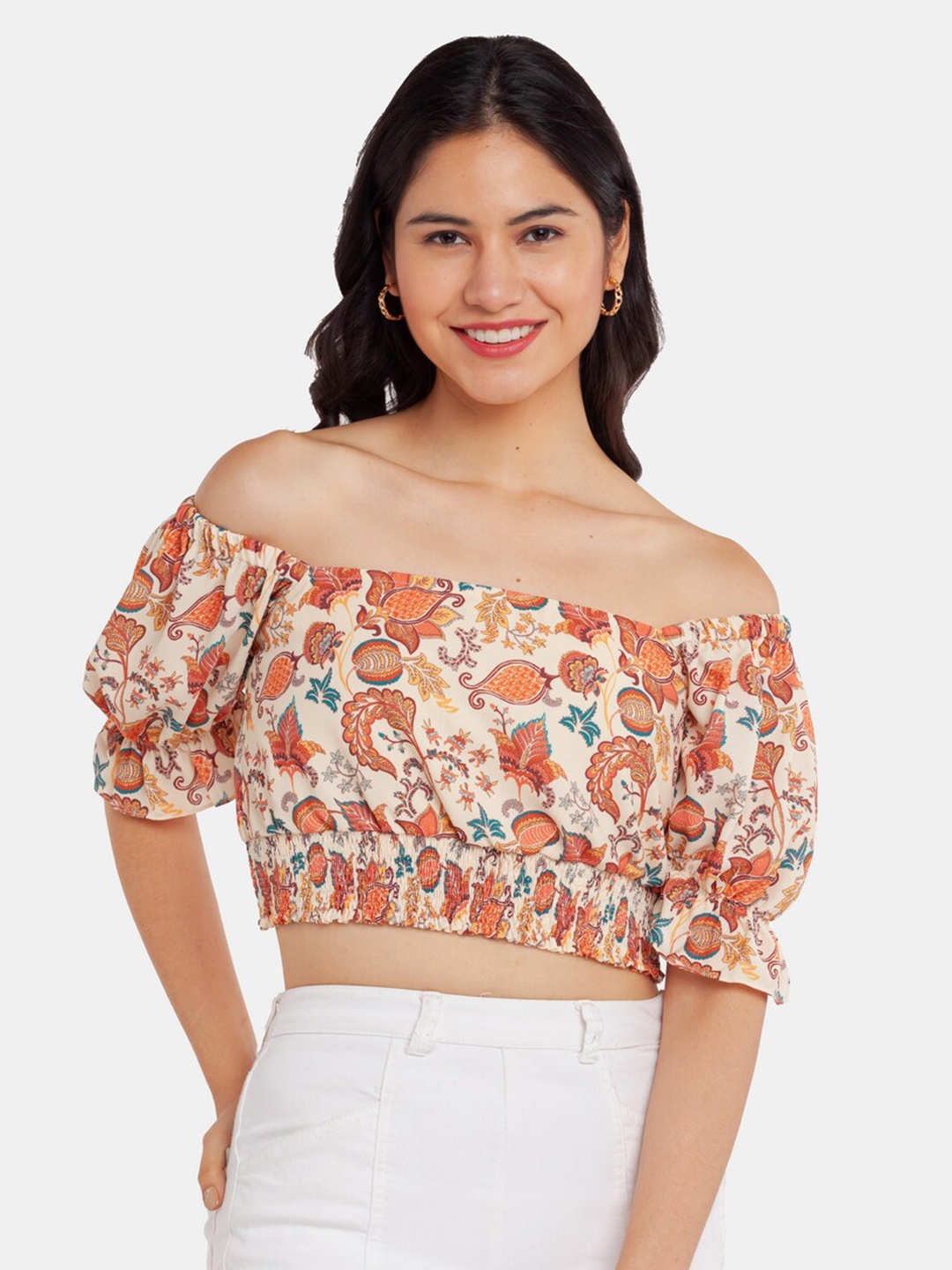 

Zink London Women Beige Floral Print Off-Shoulder Blouson Crop Top