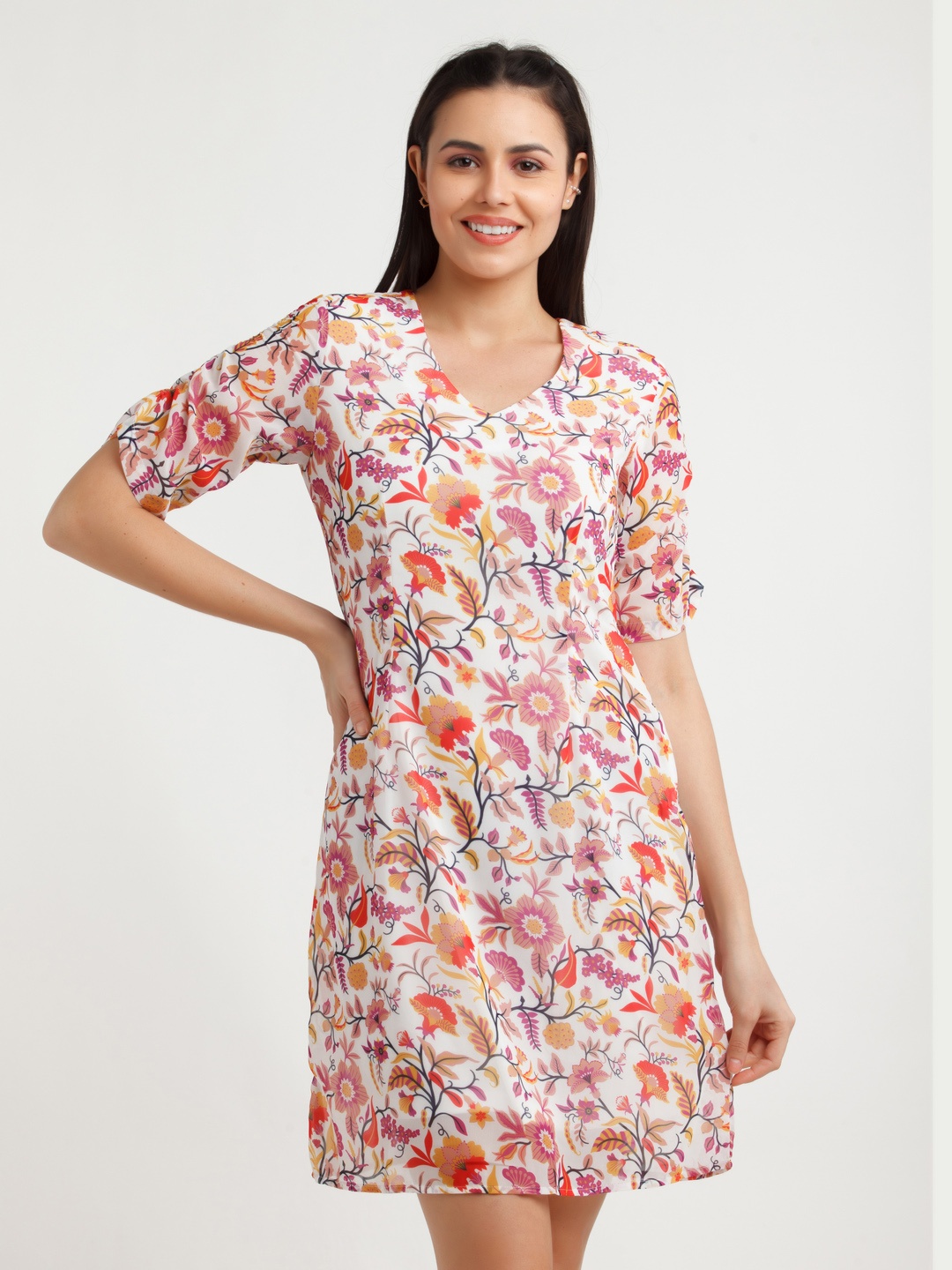 

Zink London Women White Floral A-Line Dress