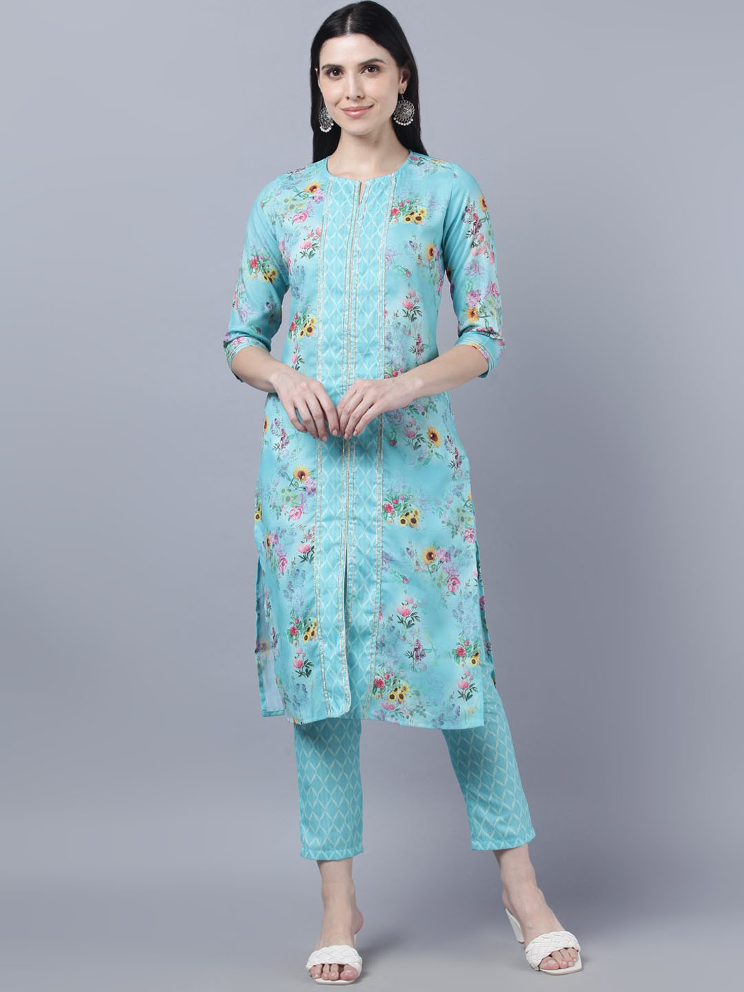 

Myshka Women Blue Floral Printed Kurta with Trousers