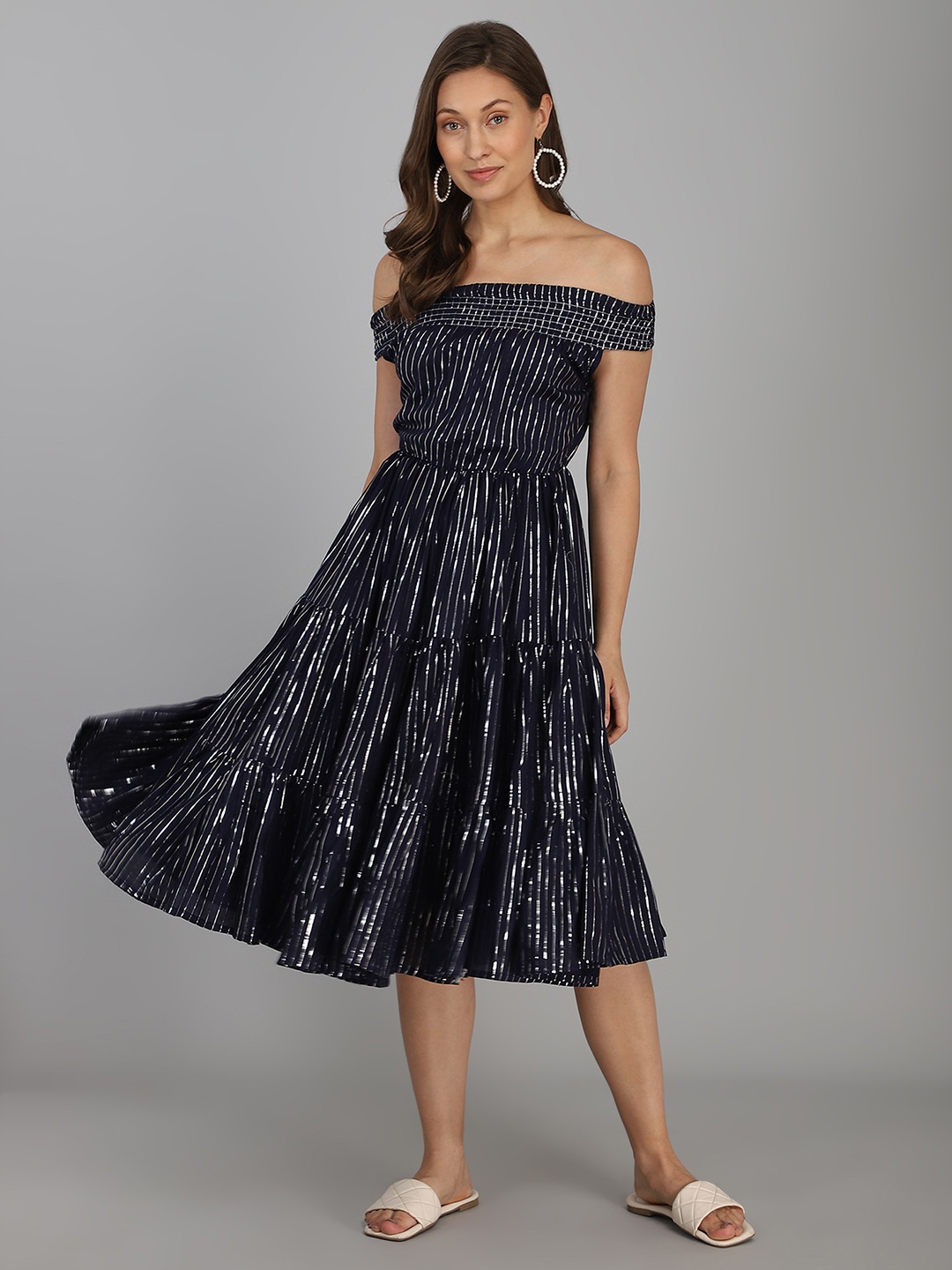 

B4ME COM Black Off-Shoulder Pattern Western Midi Dress