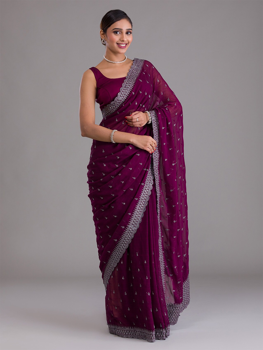

Koskii Maroon & Silver-Toned Floral Embroidered Heavy Work Saree