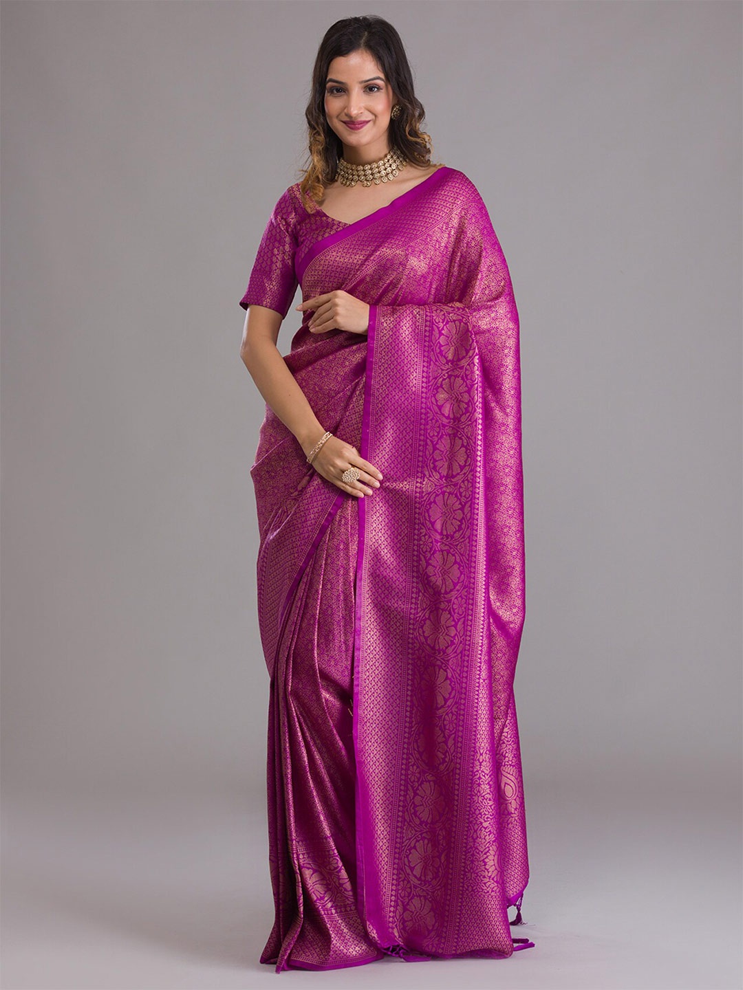 

Koskii Purple & Gold-Toned Woven Design Zari Saree