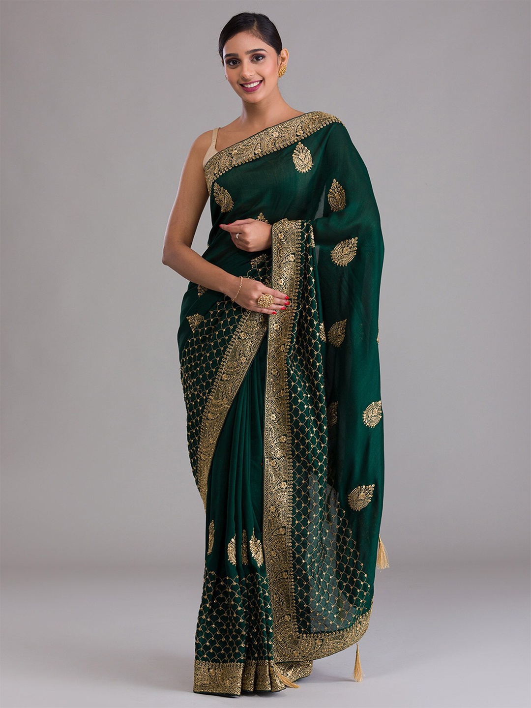 

Koskii Green & Gold-Toned Embellished Zardozi Heavy Work Saree