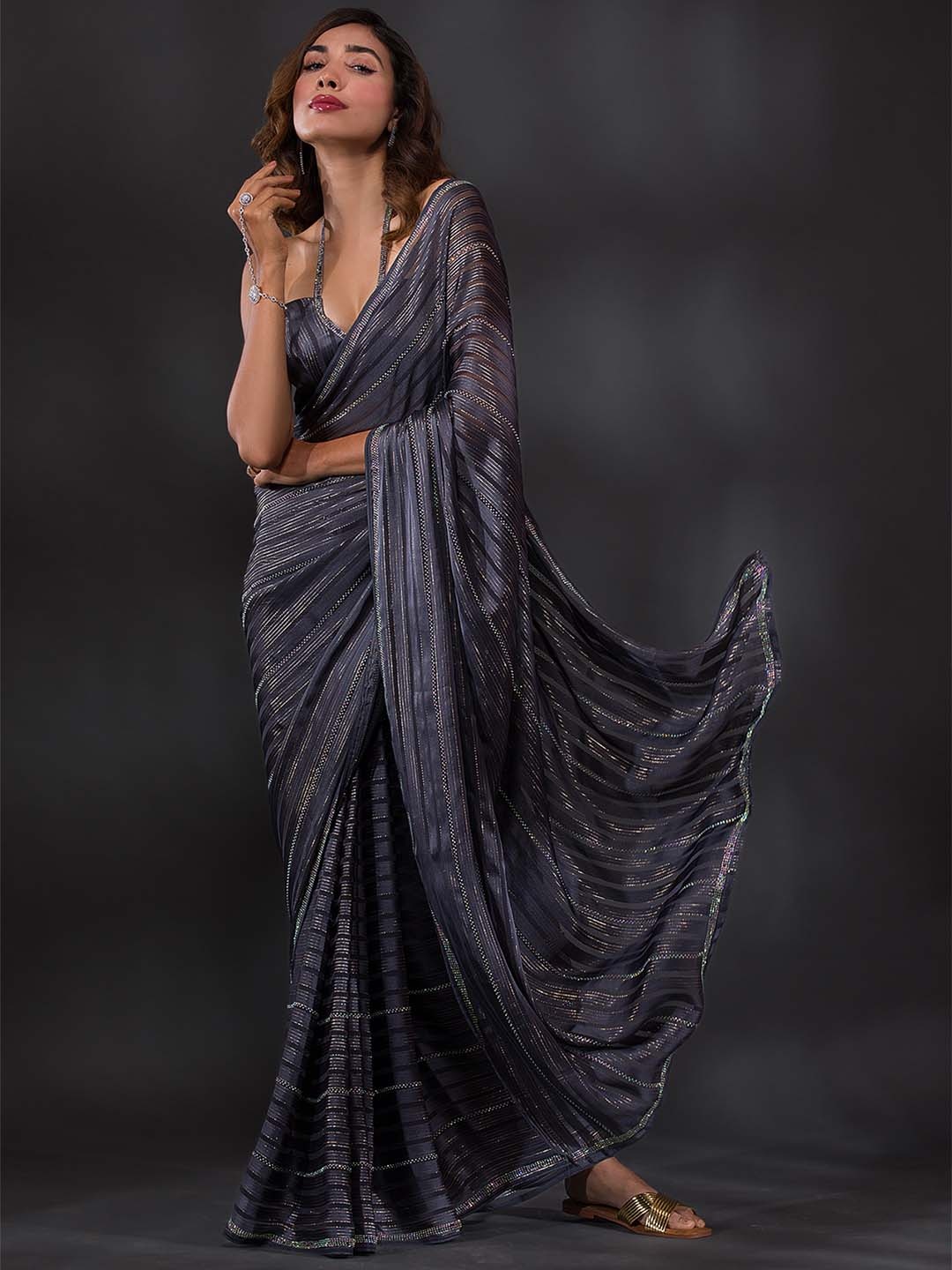 

Koskii Grey Striped Beads and Stones Saree