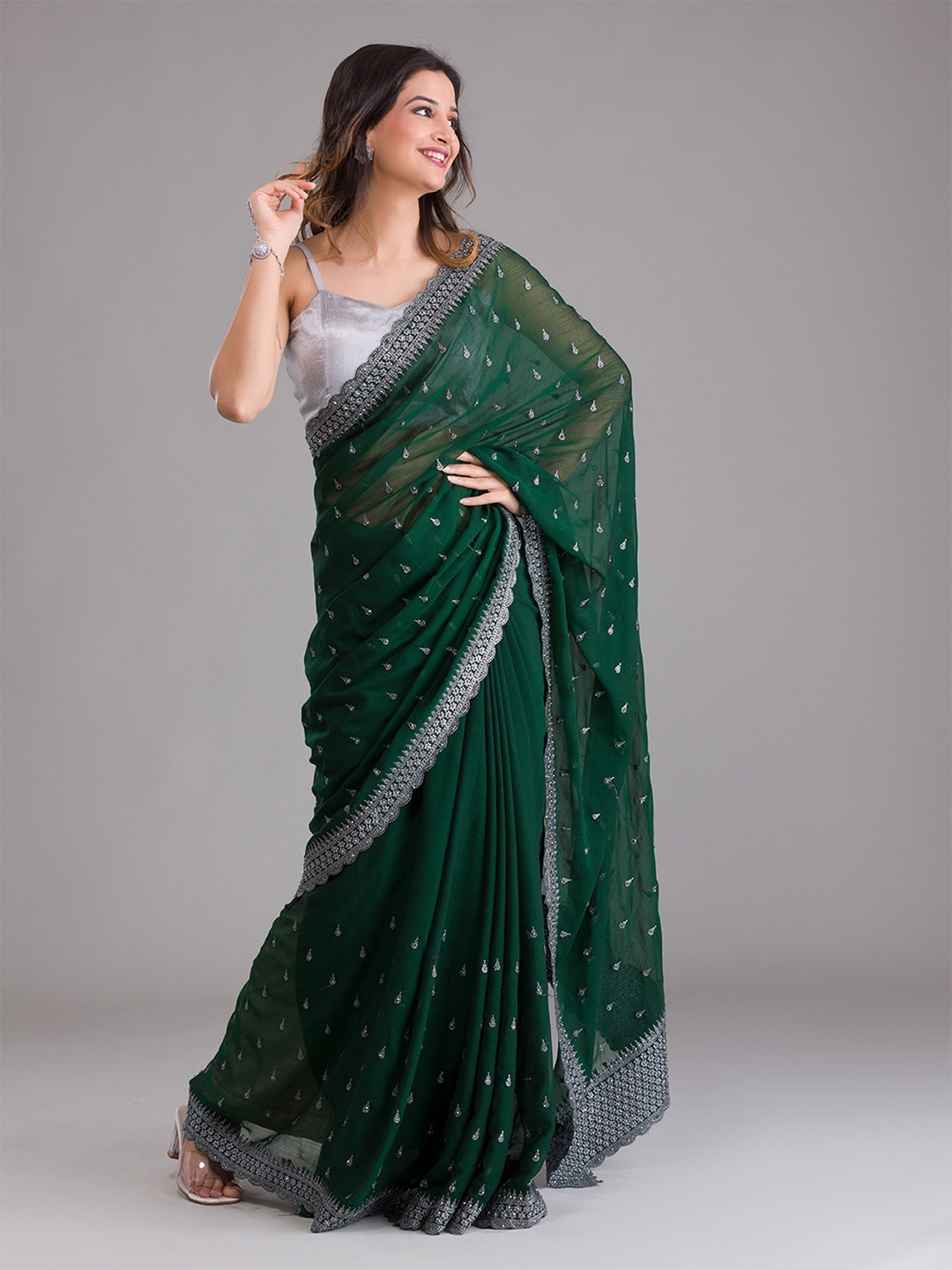 

Koskii Green & Silver-Toned Embellished Beads and Stones Heavy Work Saree