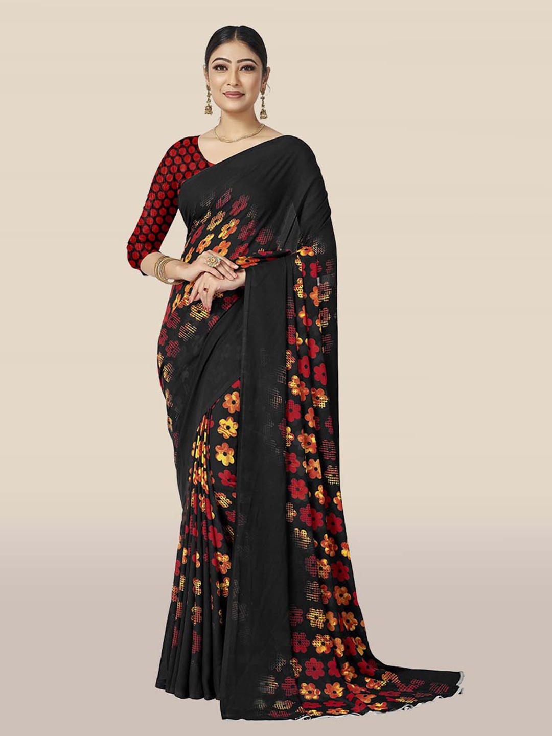 

KALINI Black & Red Floral Saree