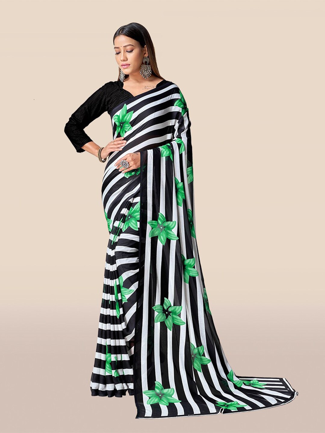 

KALINI Black & Green Floral Striped Printed Saree