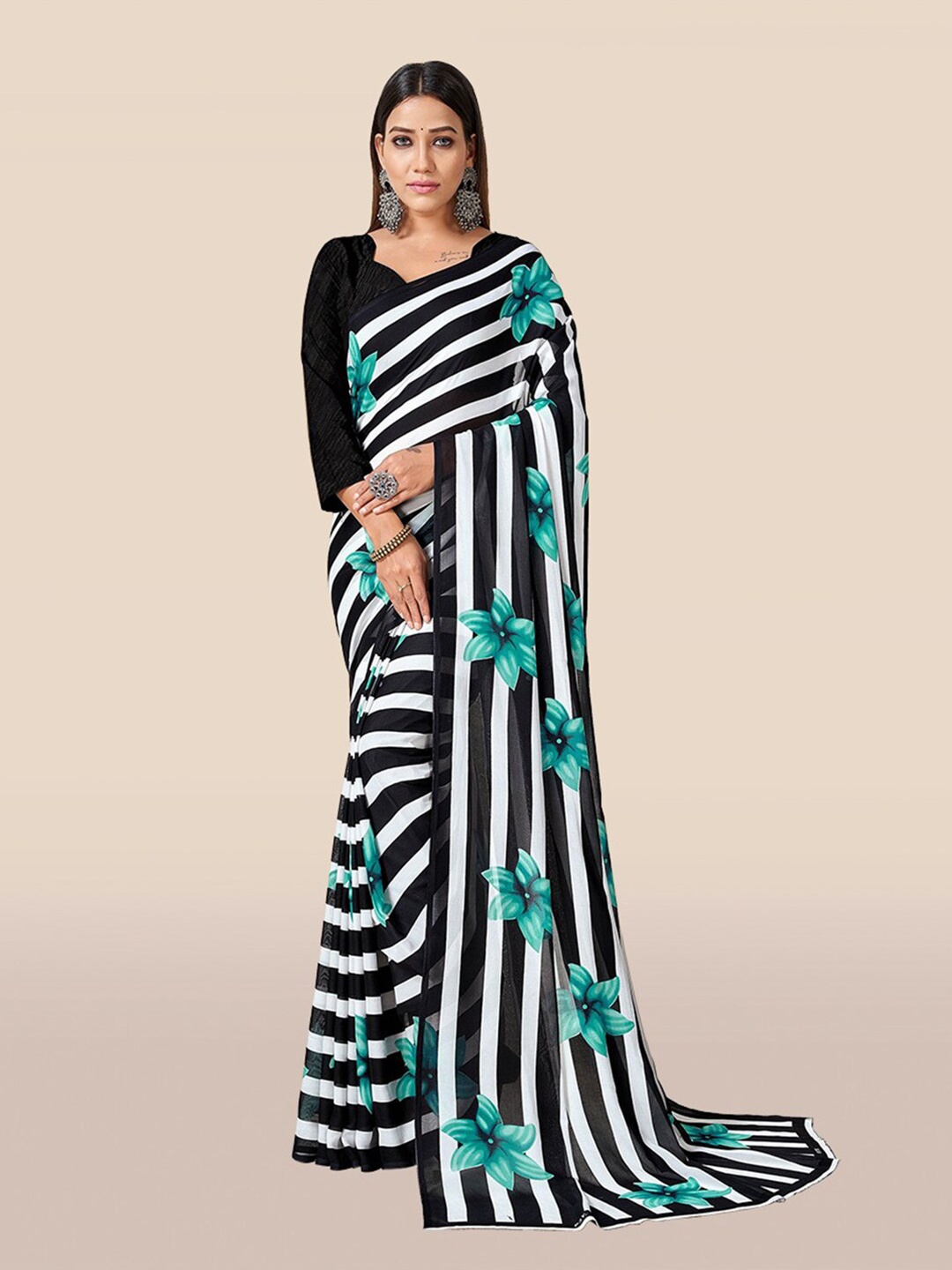 

KALINI Black & Off White Floral Striped Printed Saree