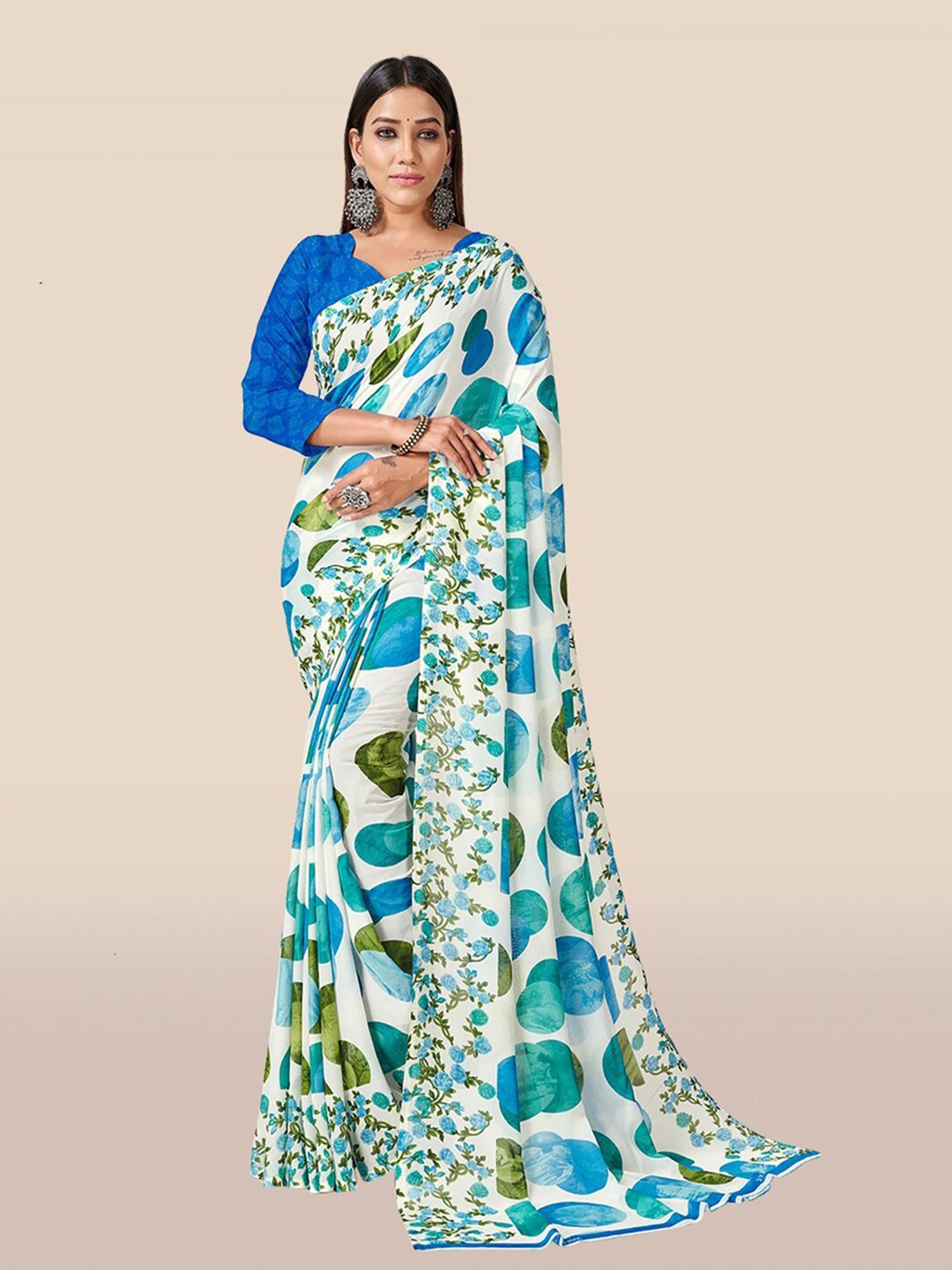 

KALINI White & Blue Poly Georgette Printed Saree