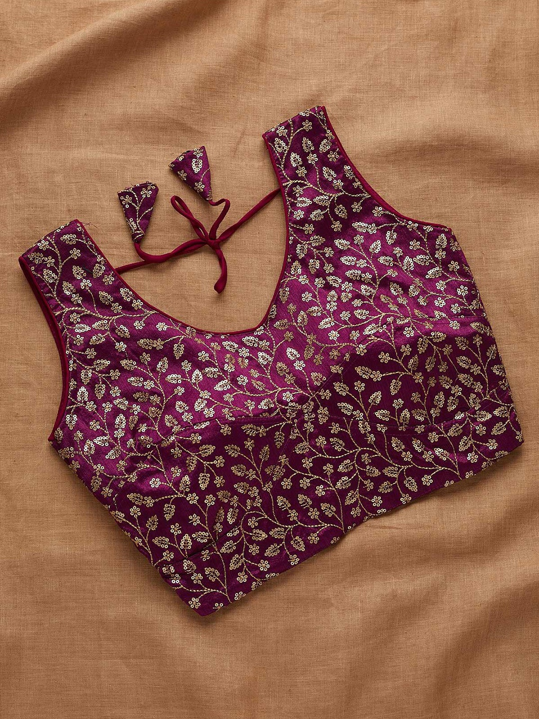 

Koskii Maroon & Gold-Coloured Embroidered Saree Blouse
